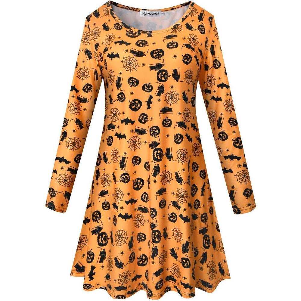 8757 Long Sleeve Funny Halloween Print Tunic Dress Cute Swing Costume